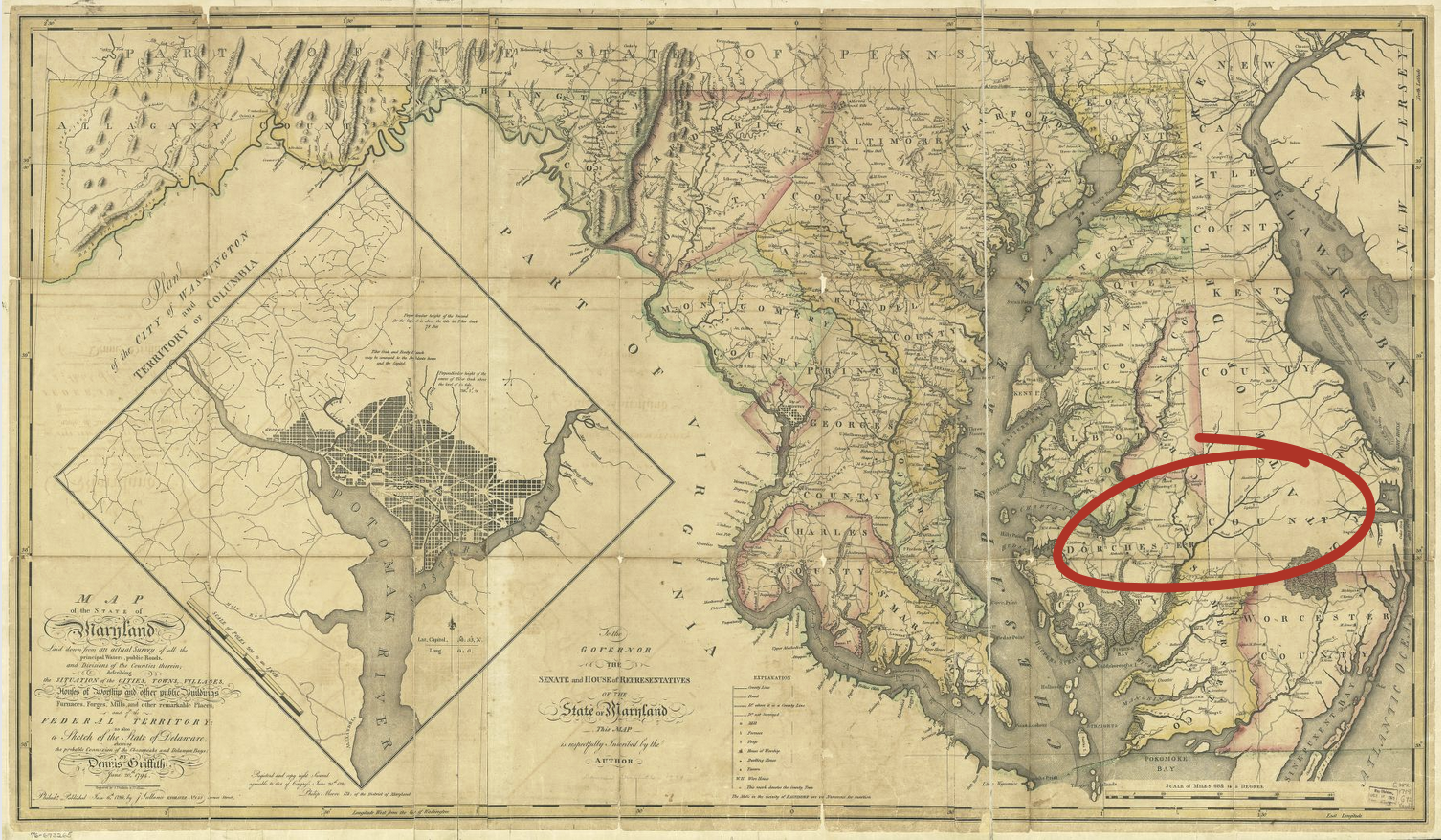 Map of Maryland with Dorchester circled in red