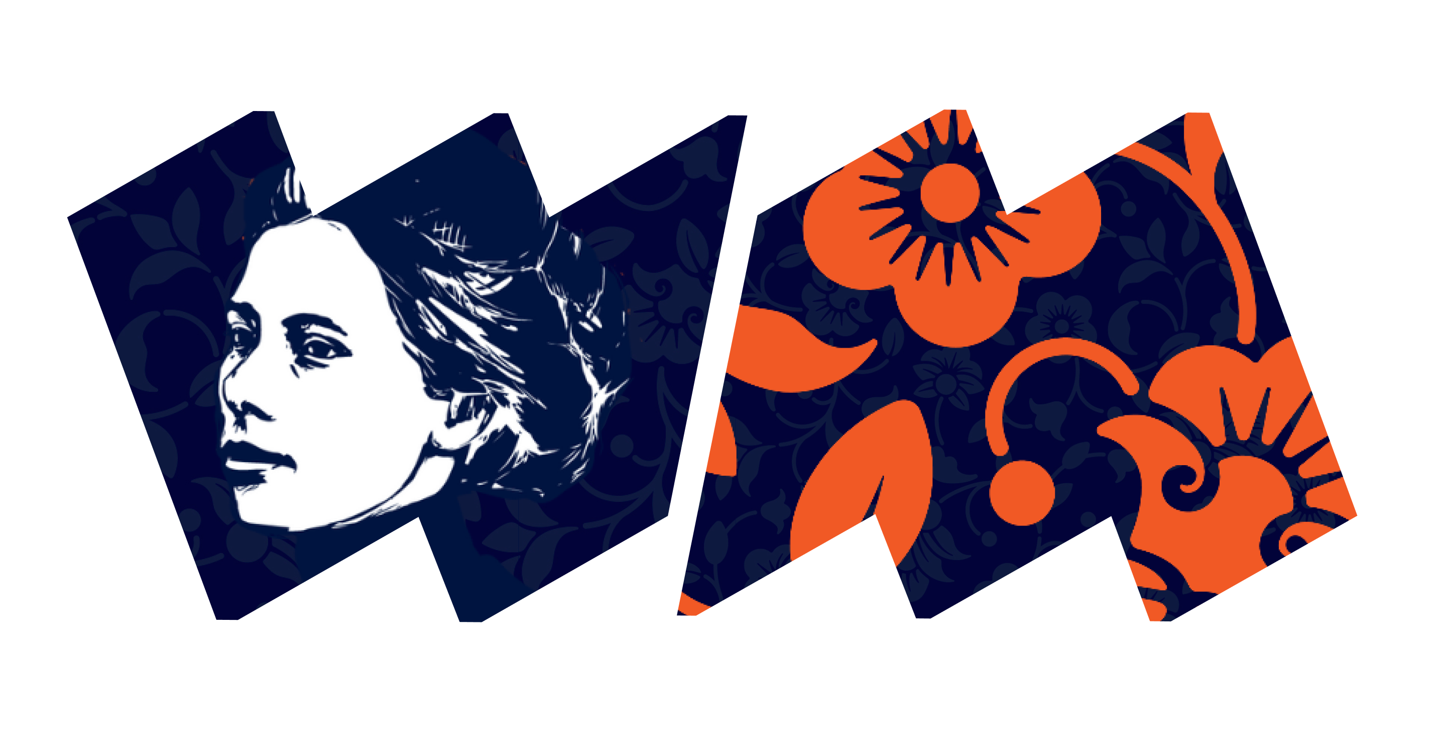 In left "W" frame, close-up profile illustration of Jovita Idar. In right "M" frame, orange flowers.  Both images on dark blue background.