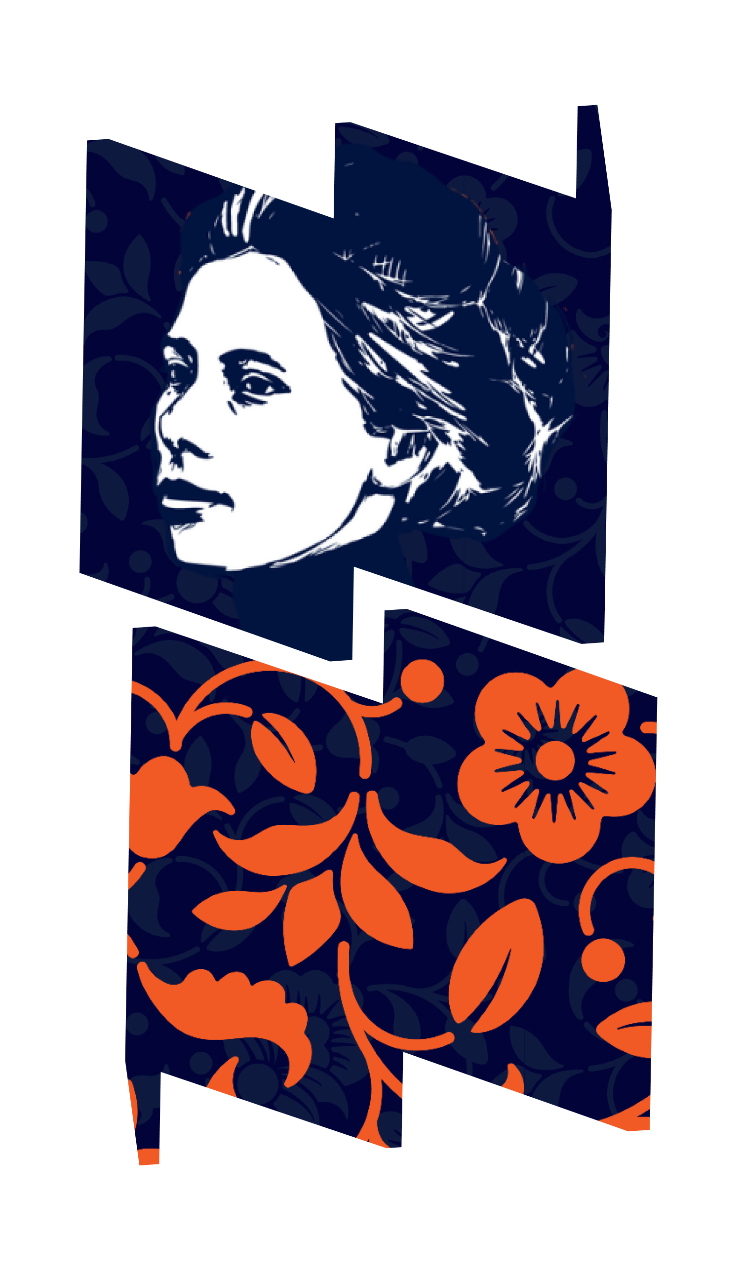 In left "W" frame, close-up profile illustration of Jovita Idar. In right "M" frame, orange flowers.  Both images on dark blue background.