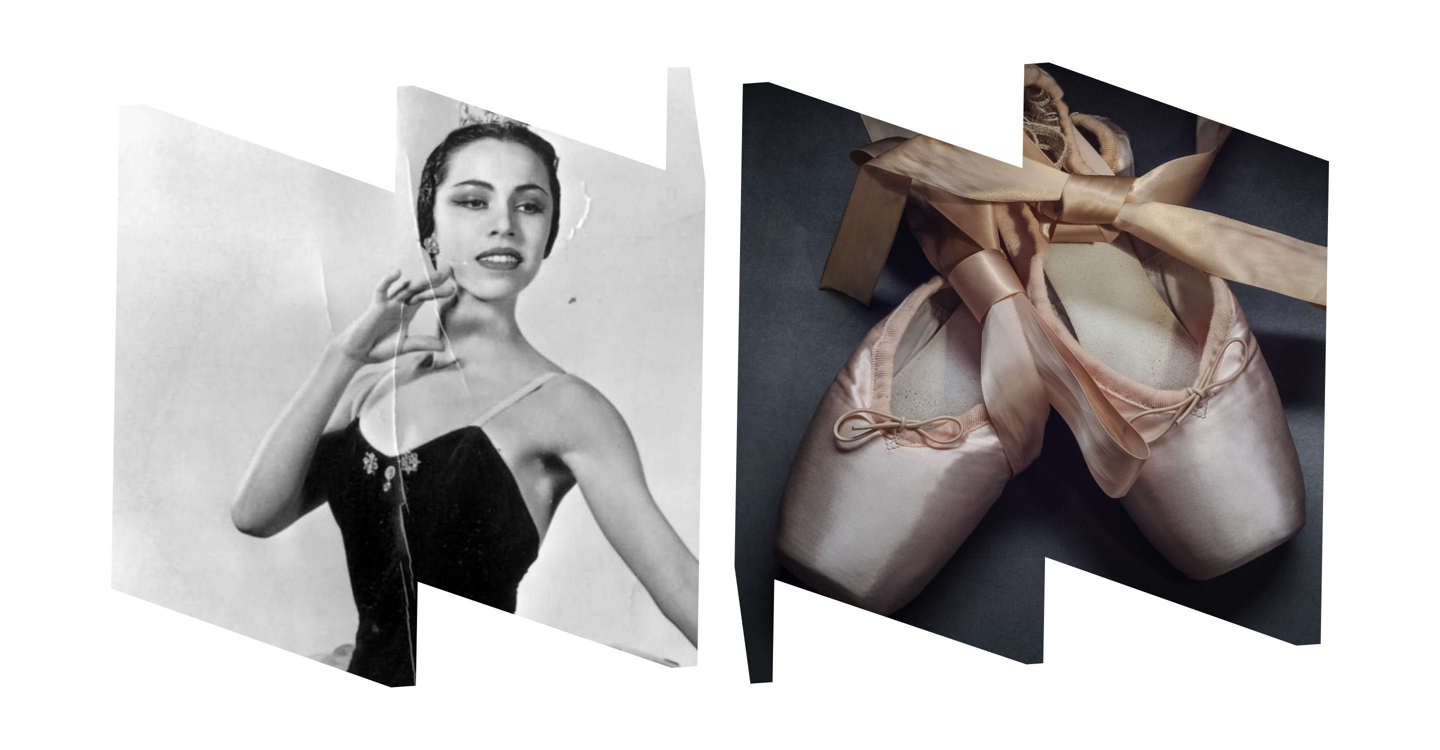 In left "W" frame, black and white headshot of Maria Tallchief; in right "M" frame, color close-up of pink pointe shoes against grey background.