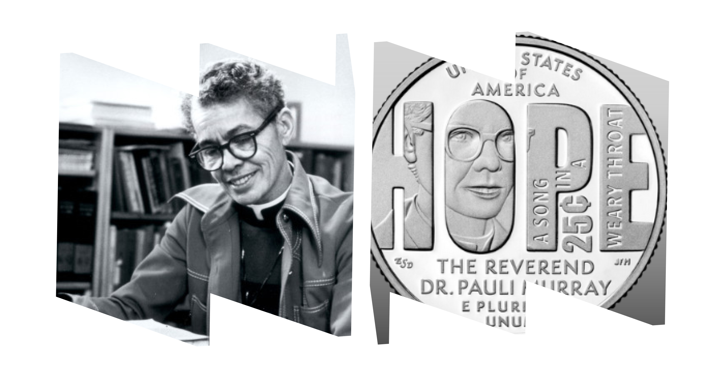 In left "W" frame, a black and white image of Pauli Murray seated and writing; in right "M" frame, close-up image of the Pauli Murray quarter.