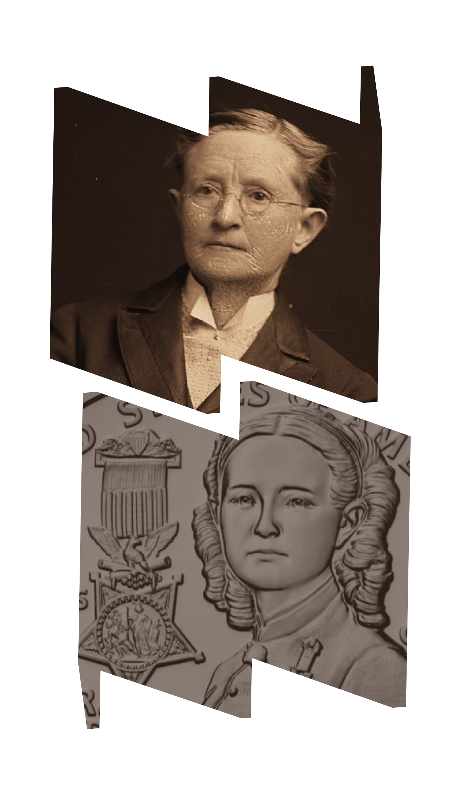 In top "W" frame, a sepia close-up of Dr. Maria Edwards Walker. In bottom "M" frame, a close-up of the new quarter with an illustration of Walker. 