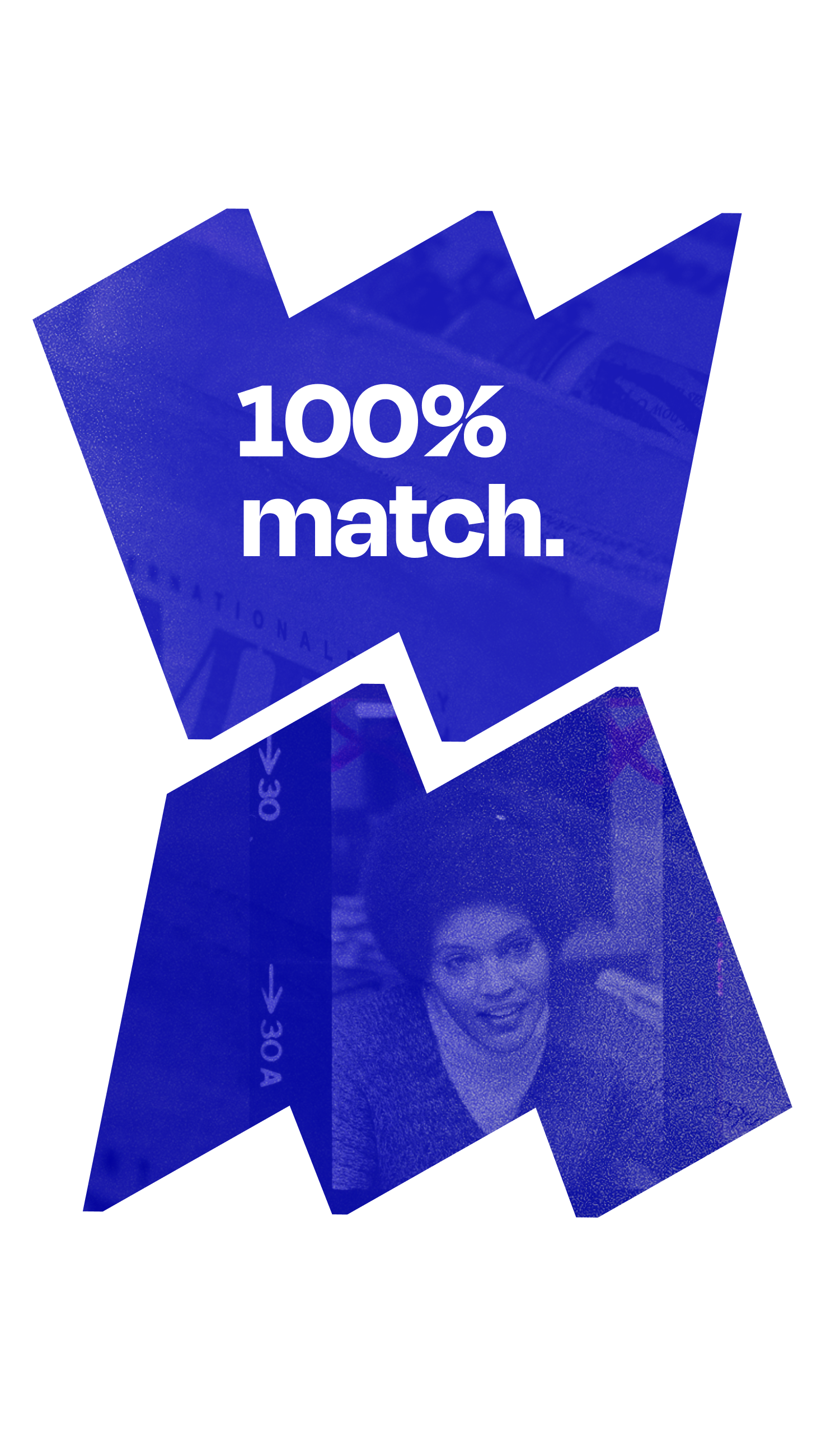 In top "W" frame, text says "100% match."