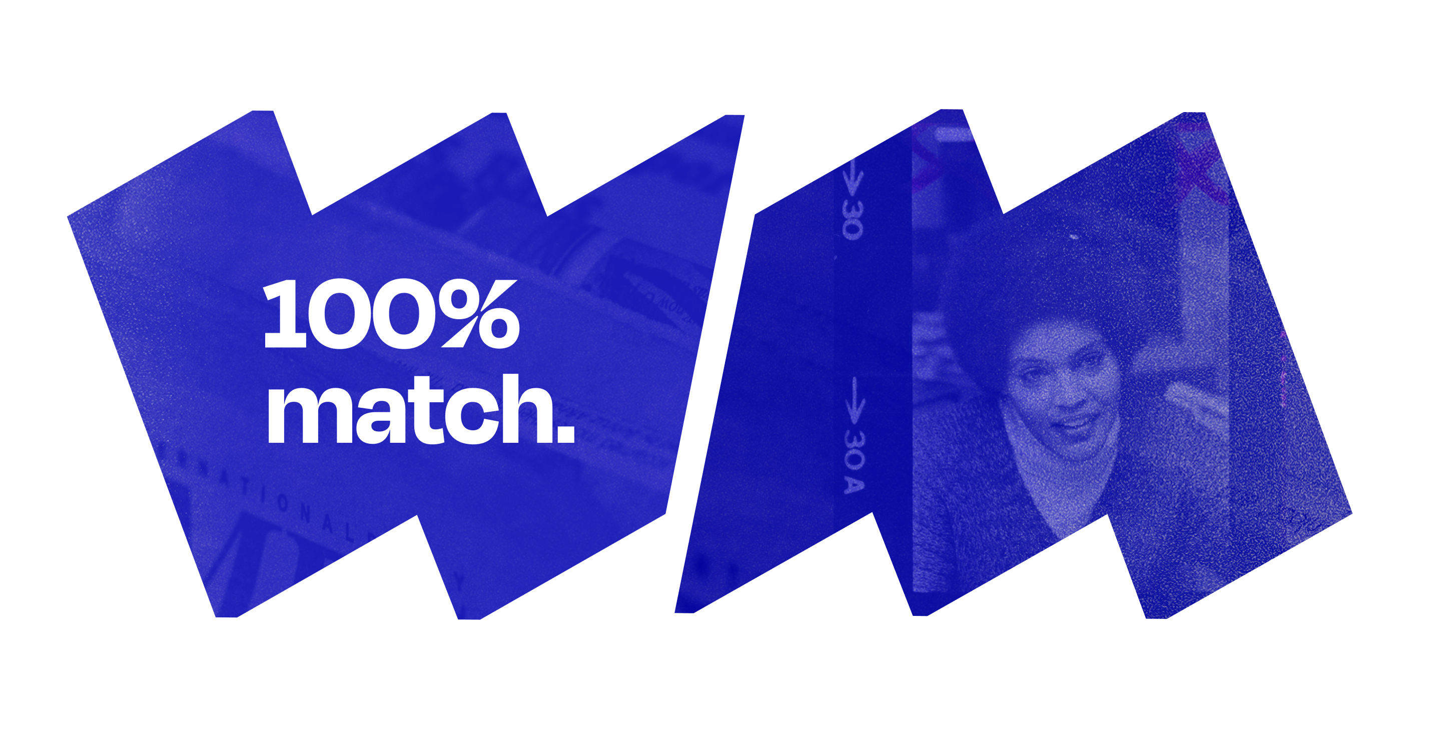 In left "W" frame, text says "100% match."