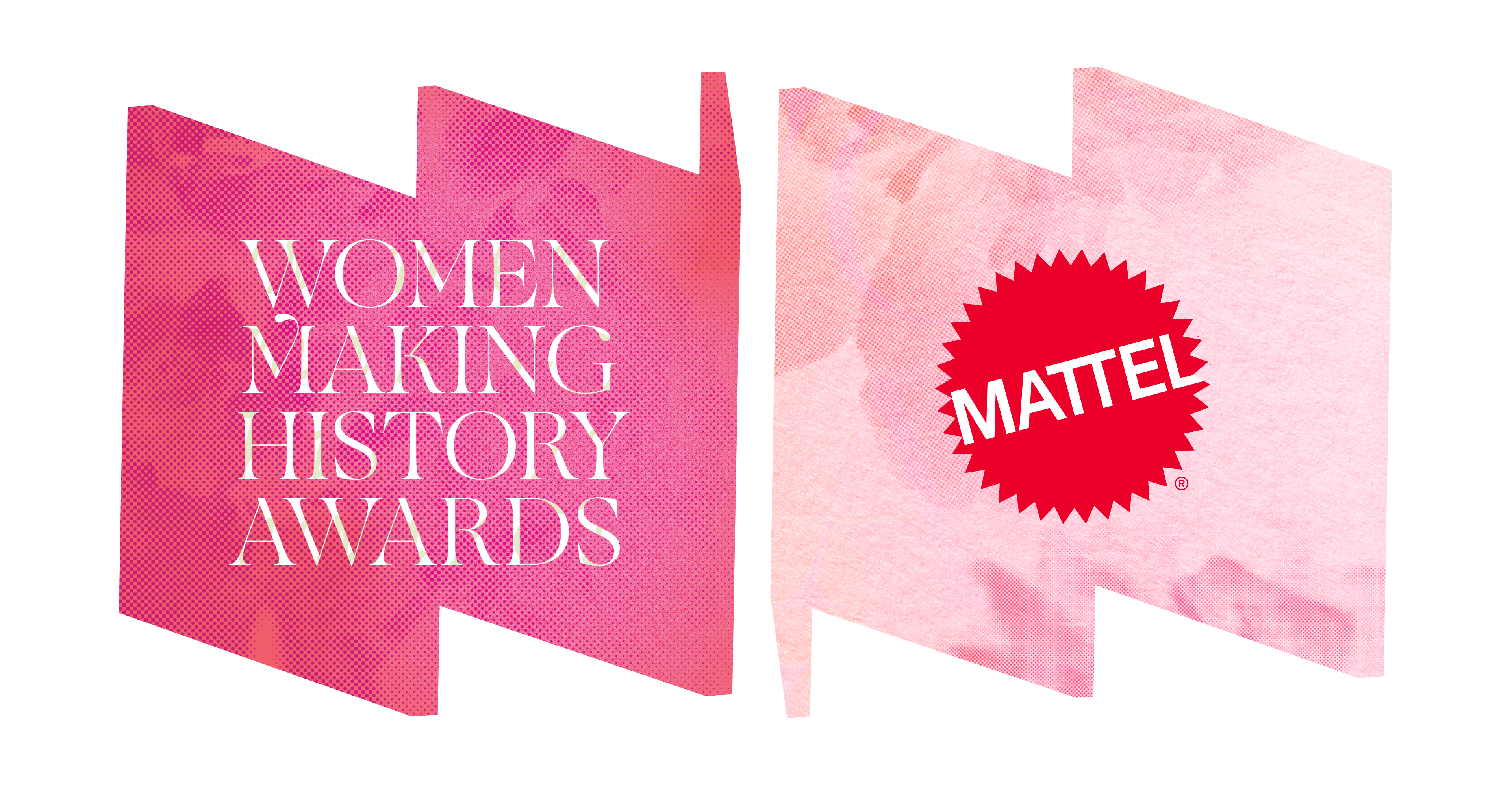 In left "W" frame, text says "Women Making History Awards." The Mattel logo sits in the right "M" frame.