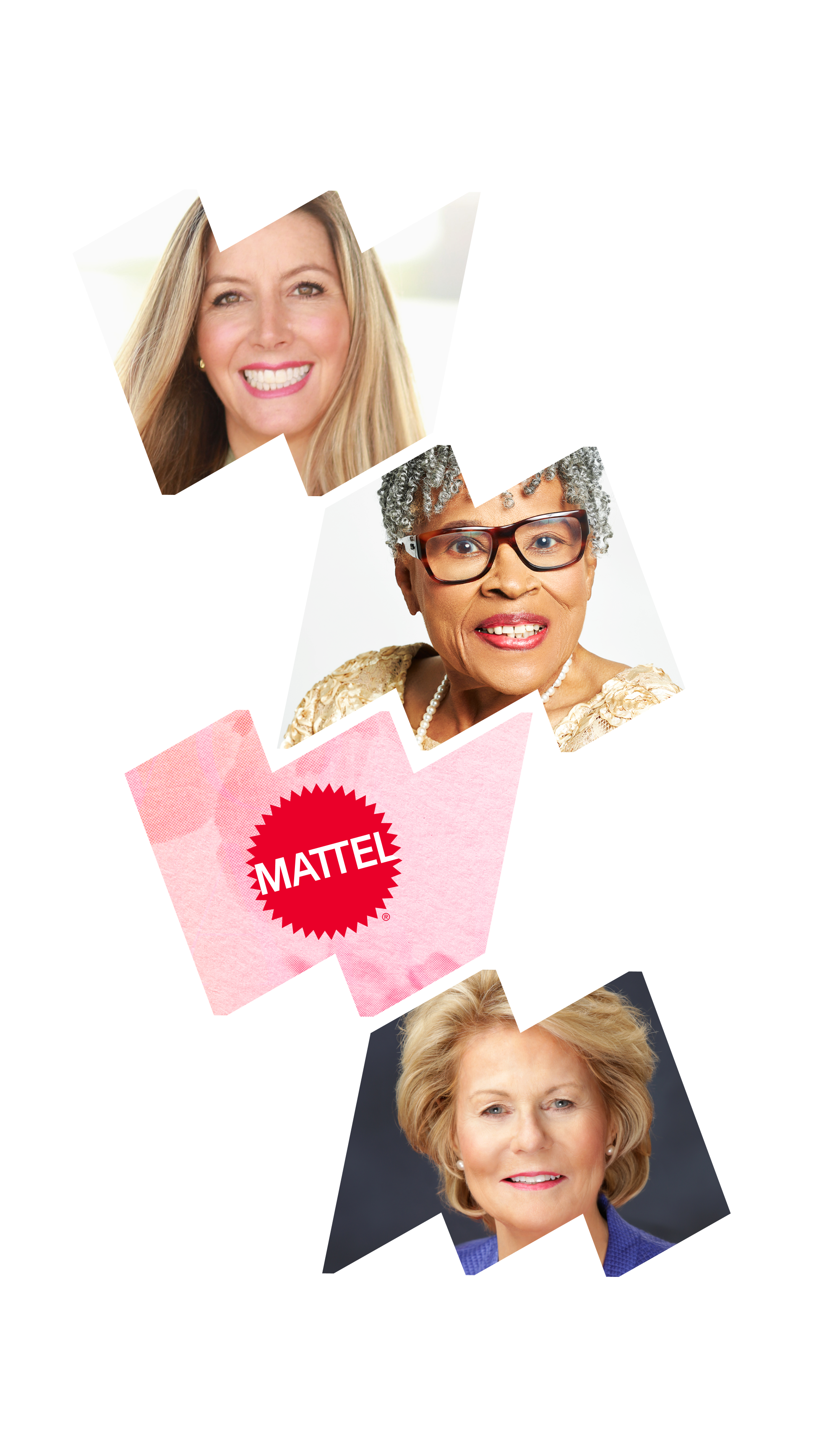 From top to bottom: Sara Blakely, Dr. Opal Lee, the Mattel logo, Shirley Welsh Ryan.