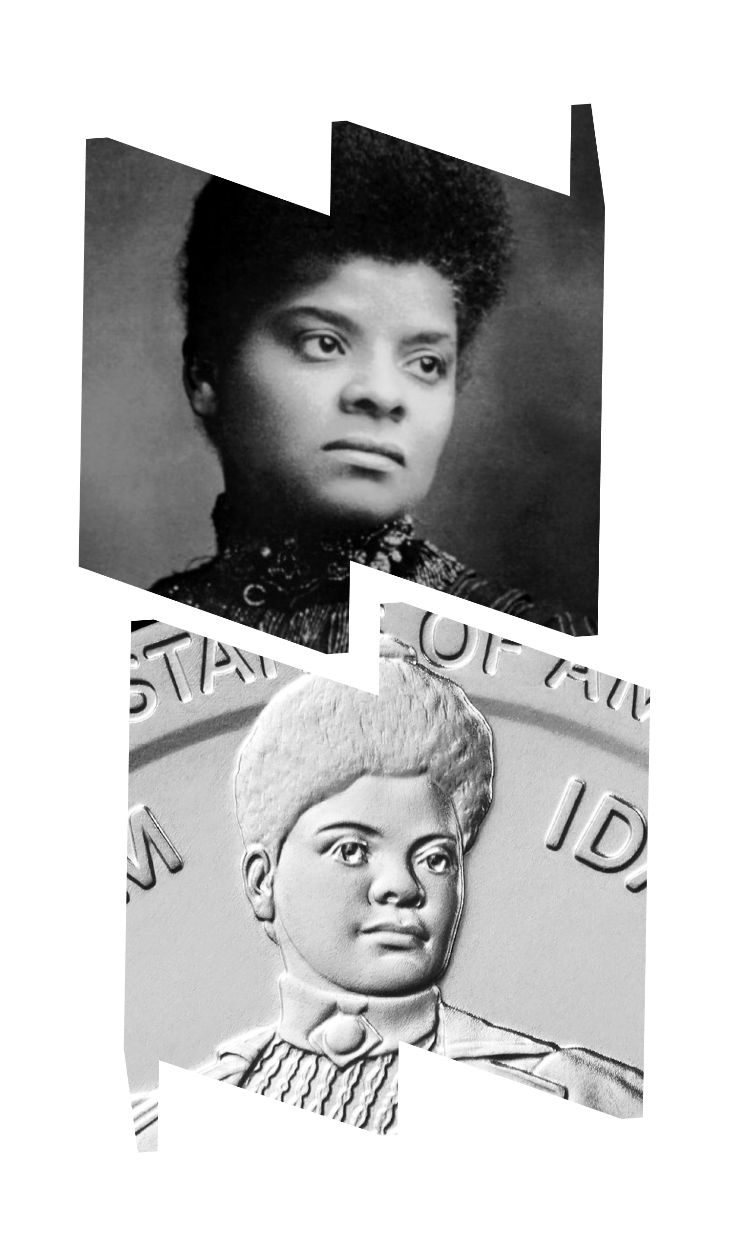 In top "W" frame, an photograph of Ida B. Wells.  In bottom "M" frame, a close-up of Wells on the new Ida B. Wells quarter.