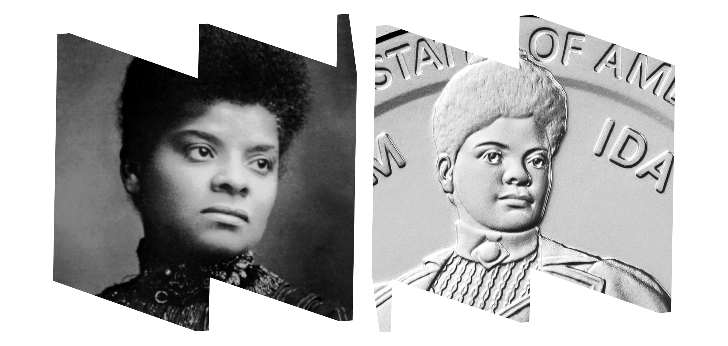 In left "W" frame, an photograph of Ida B. Wells.  In right "M" frame, a close-up of Wells on the new Ida B. Wells quarter.