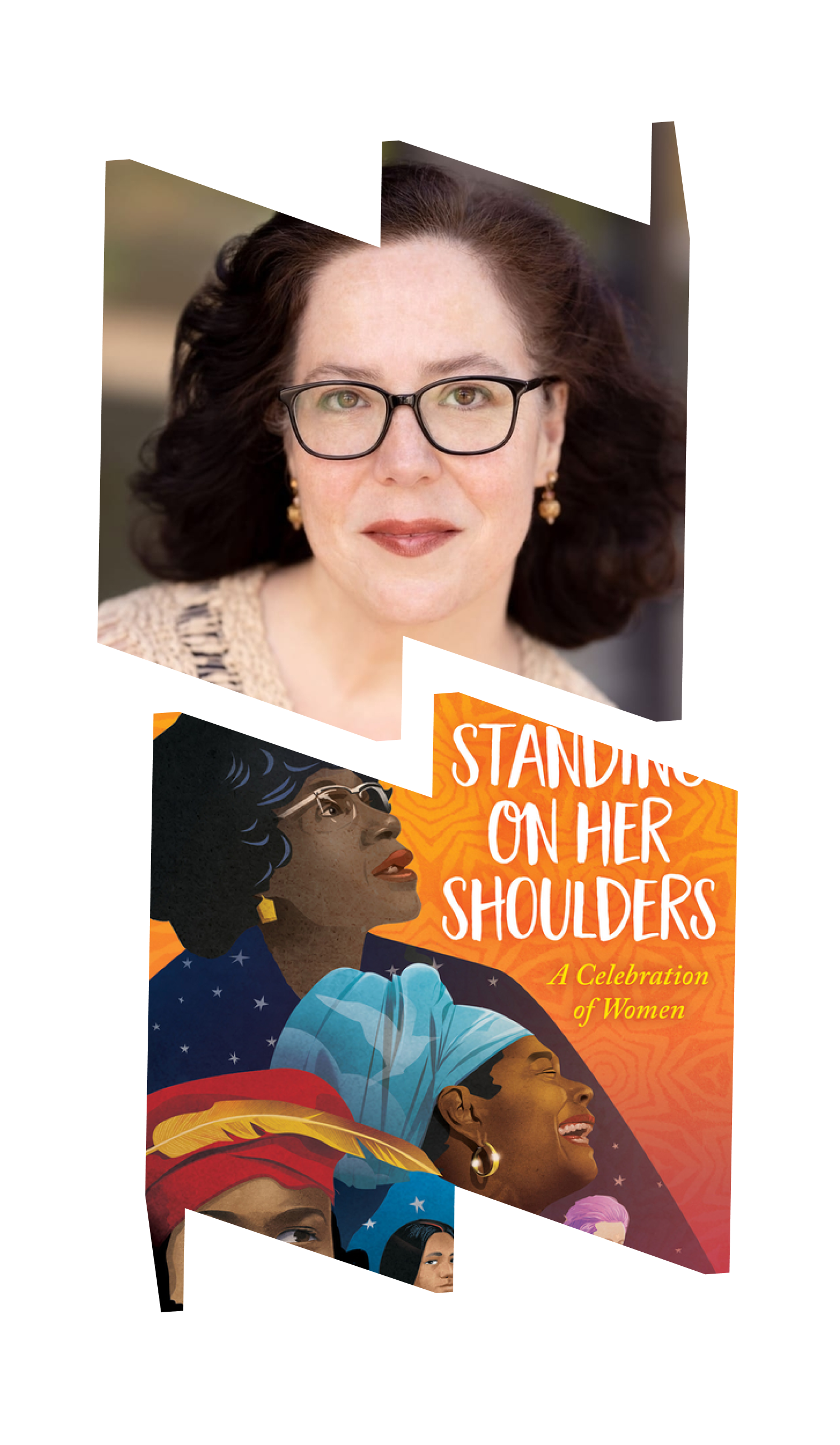 Photo of Monica Clark-Robinson in a W frame and an image of her book Standing On Her Shoulders: A Celebration of Women in a W frame.