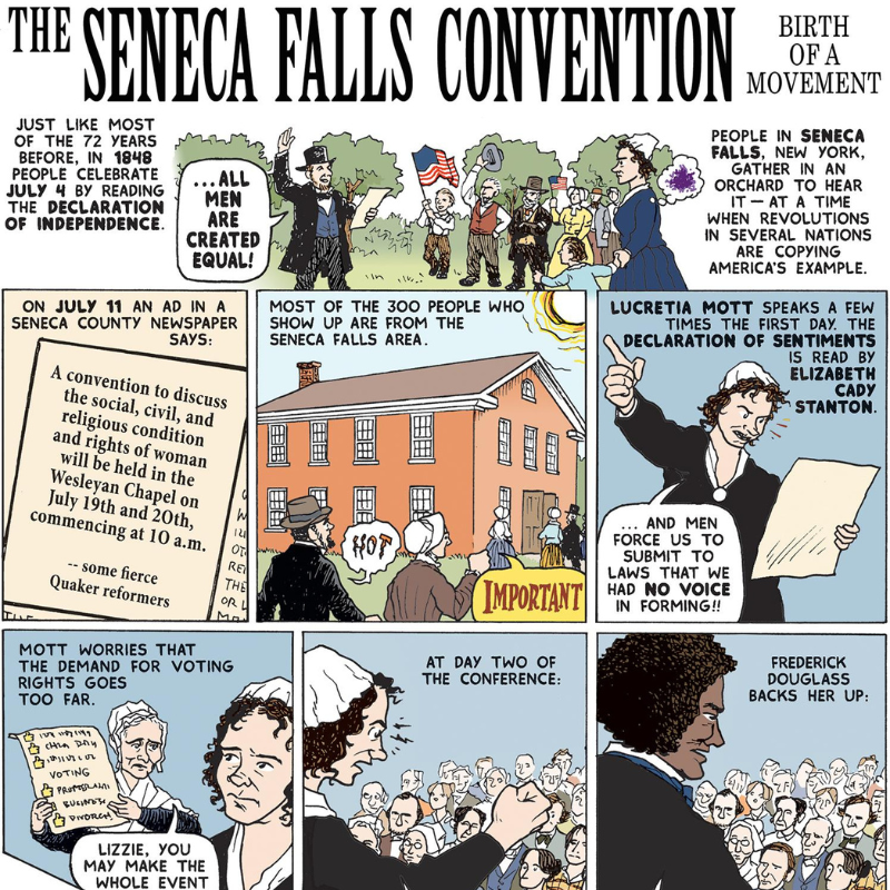 A comic strip depicting the Seneca Falls convention