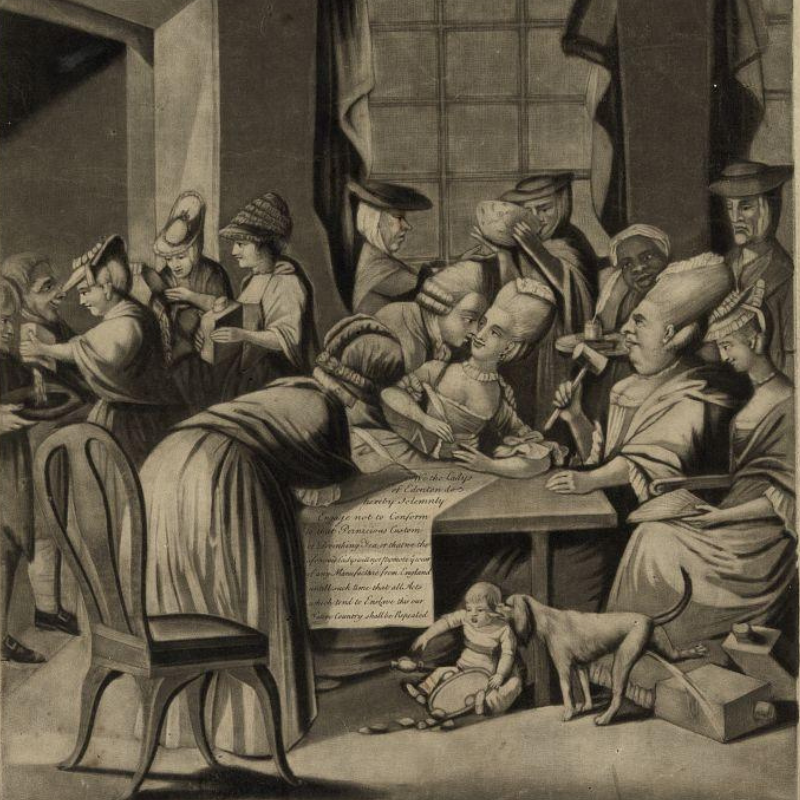 Political cartoon satirizing the women involved in the Edenton Tea Party. Published March 25, 1775 in London. 