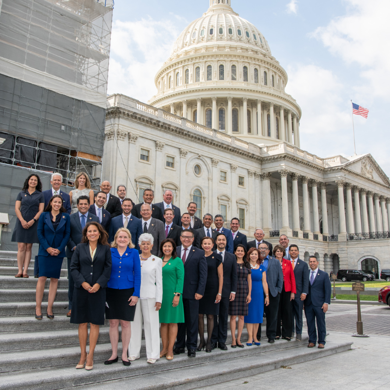 The Congressional Hispanic Caucus stands on the steps of the U.S. Capitol