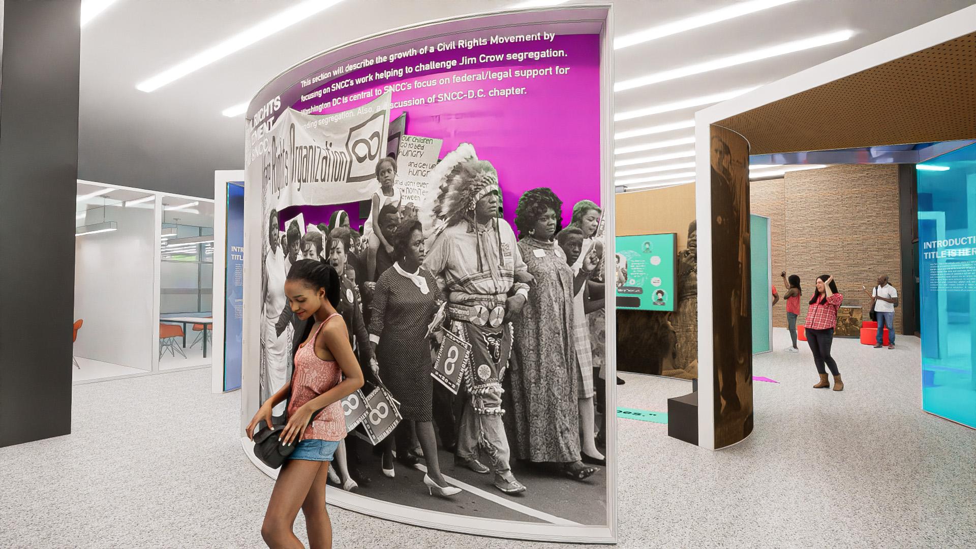 Two large 3D layered image "shadowboxes," located in the center of the exhibition, bring the featured women to the front of the design.