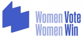 Logo that says Women Vote Women Win and includes large tilted W image.